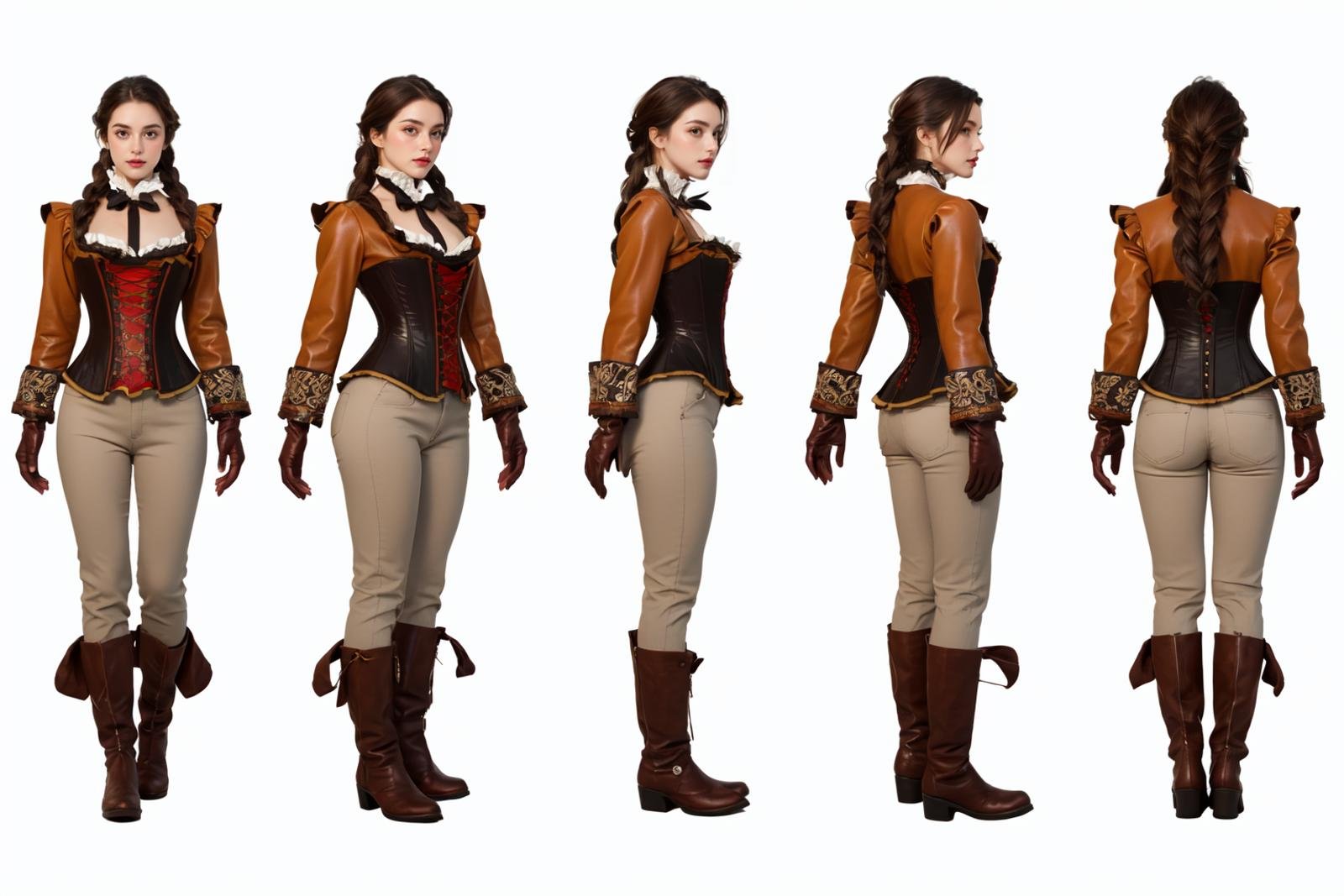 highres, masterpiece,multi-view, turnaround, model sheet,  character design,white background, simple background,full body character turnaround of 1girl, Multiple views of the same character in the same outfit,detailed costume design, embroidered corset, lace detailing, leather gloves, brown leather boots, high collar, patterned blouse, fantasy attire, trousers, detailed braided hairstyle, ornamental accessories, layered clothing, Victorian-era influence, ruffled cuffs and pants,<lora:CharTurnRetag_v4:0.1><lora:Witcher3turn_v1:0.6><lora:Medieval2turn_v1:0.1><lora:bg3Turn_v1:0.1>