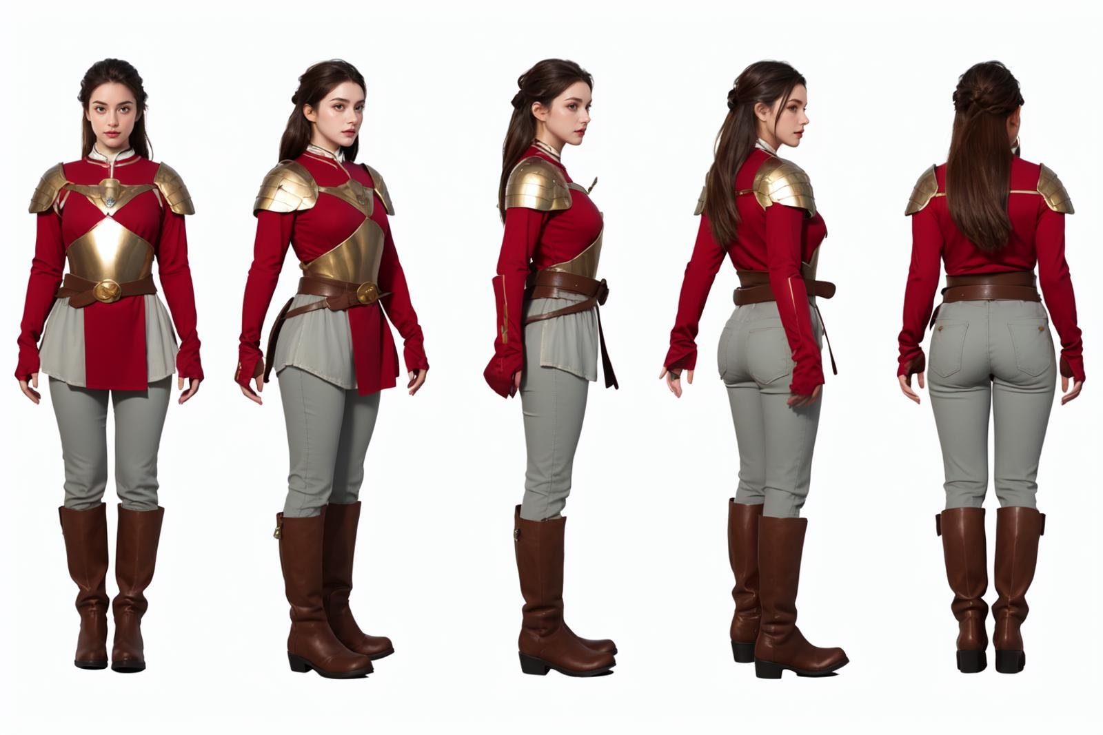 highres, masterpiece,multi-view, turnaround, model sheet,  character design,white background, simple background,full body character turnaround of 1girl, Multiple views of the same character in the same outfit,female knight, medieval armor, red tunic, silver breastplate, greaves, gauntlets, brown boots, leather belt, gold buckle, side profile, armed stance, historical costume, realistic textures, full-body suit, pants, trousers, <lora:CharTurnRetag_v4:0.1><lora:Witcher3turn_v1:0.6><lora:Medieval2turn_v1:0.1><lora:bg3Turn_v1:0.1>