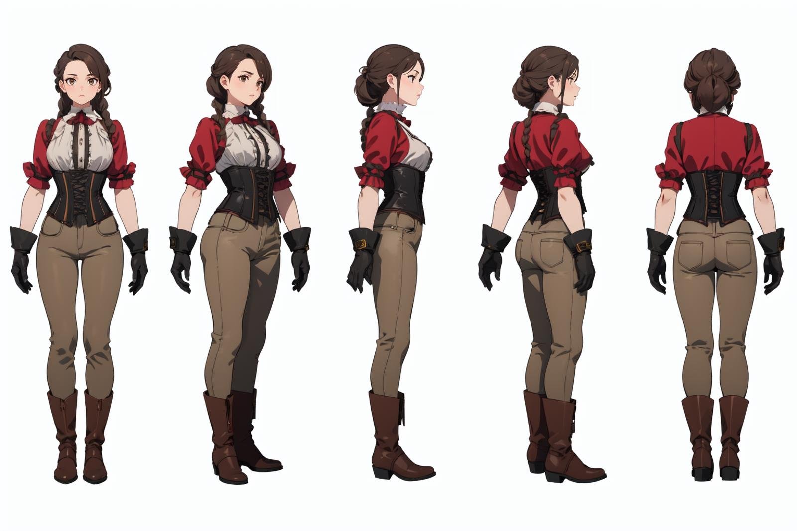 highres, masterpiece,multi-view, turnaround, model sheet,  character design,white background, simple background,full body character turnaround of 1girl, Multiple views of the same character in the same outfit,detailed costume design, embroidered corset, lace detailing, leather gloves, brown leather boots, high collar, patterned blouse, fantasy attire, trousers, detailed braided hairstyle, ornamental accessories, layered clothing, Victorian-era influence, ruffled cuffs and pants,<lora:CharTurnRetag_v4:0.1><lora:Witcher3turn_v1:0.6><lora:Medieval2turn_v1:0.1><lora:bg3Turn_v1:0.1>