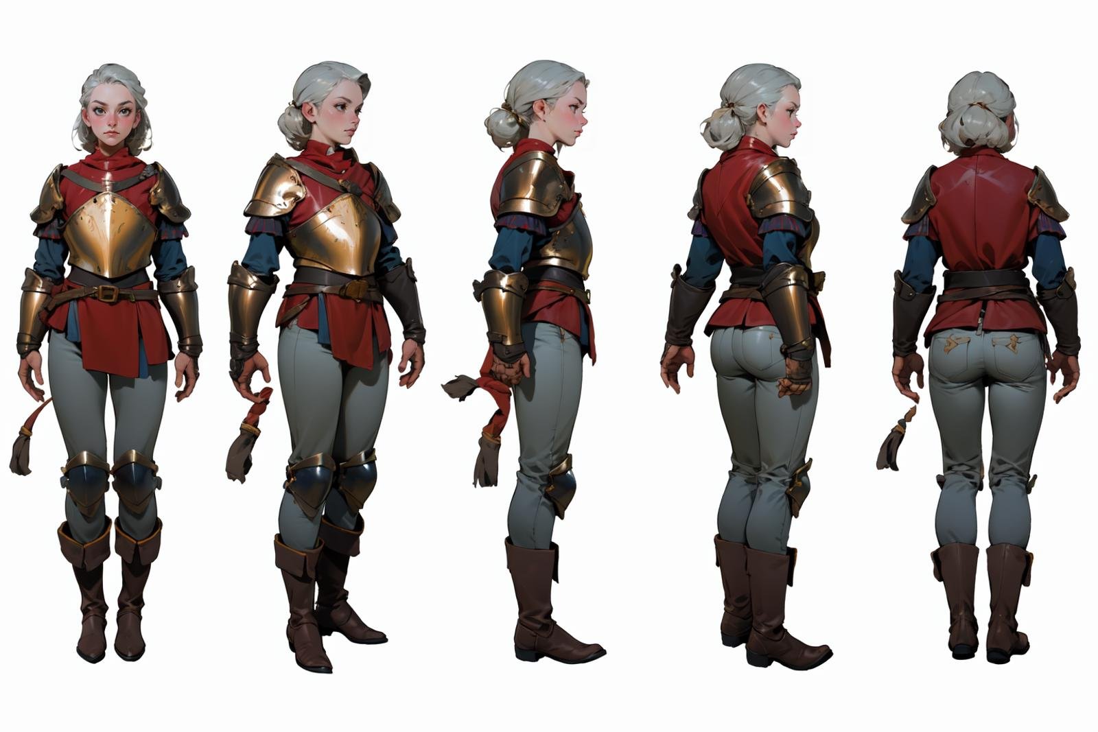 highres, masterpiece,multi-view, turnaround, model sheet,  character design,white background, simple background,full body character turnaround of 1girl, Multiple views of the same character in the same outfit,female knight, medieval armor, red tunic, silver breastplate, greaves, gauntlets, brown boots, leather belt, gold buckle, side profile, armed stance, historical costume, realistic textures, full-body suit, pants, trousers, <lora:CharTurnRetag_v4:0.1><lora:Witcher3turn_v1:0.6><lora:Medieval2turn_v1:0.1><lora:bg3Turn_v1:0.1>