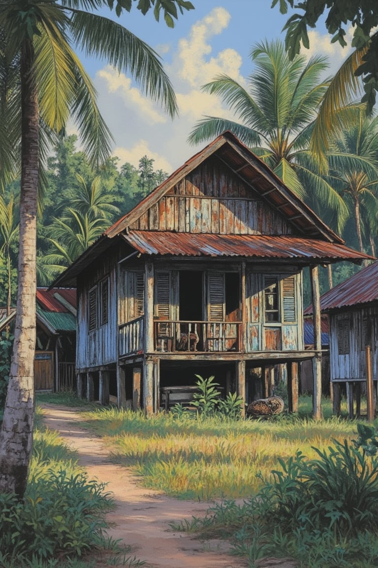 A spectacular, realistic artistic still image in pastel minimalist gouache, capturing a serene evening in Laivi Poder style. A worn wooden traditional Perak house stands amidst a tropical forest, with a villager quietly around the house. A coconut tree and a small worn hut add to the nostalgic, eye-soothing scene. The Malay village house is neatly framed, with toned colors and an anecdotal journey of life. Unique, untold stories and hidden wonders are subtly hinted at in this beautiful world scenery, set in a complicated yet captivating setting.