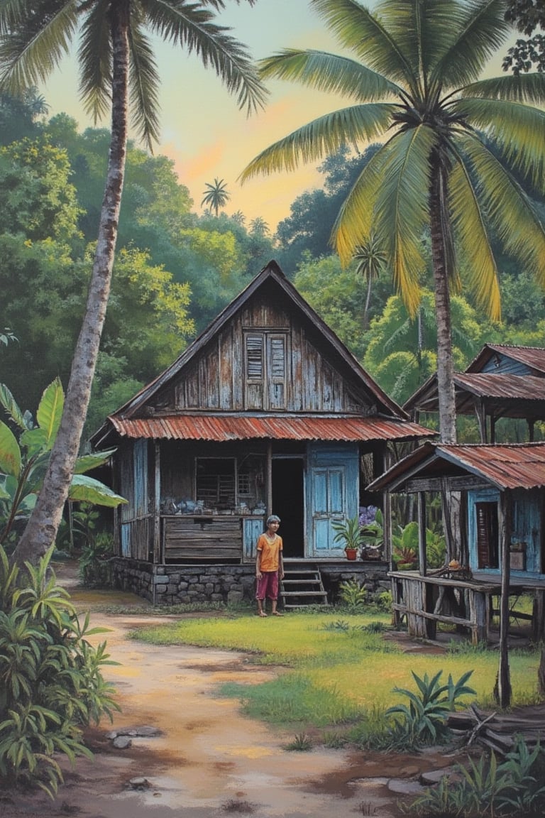 A spectacular, realistic artistic still image in pastel minimalist gouache, capturing a serene evening in Laivi Poder style. A worn wooden traditional Perak house stands amidst a tropical forest, with a villager quietly around the house. A coconut tree and a small worn hut add to the nostalgic, eye-soothing scene. The Malay village house is neatly framed, with toned colors and an anecdotal journey of life. Unique, untold stories and hidden wonders are subtly hinted at in this beautiful world scenery, set in a complicated yet captivating setting.