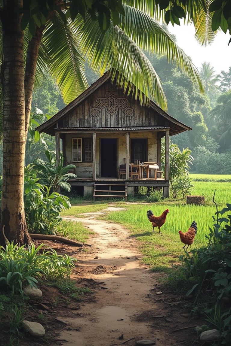 A serene Laivi scenery with an old Malay village house, traditional wooden structure with intricate carvings, surrounded by lush greenery and paddy fields. The house is framed by a large banyan tree, with sunlight filtering through the leaves, casting soft shadows on the ground. The composition is balanced, with the house in the center, and a small kampung path leading towards it. The scene is tranquil, with a gentle breeze rustling the leaves, and a few chickens pecking in the foreground.