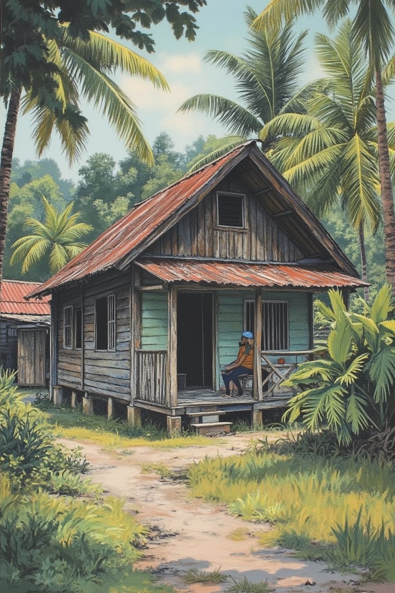 A spectacular, realistic artistic still image in pastel minimalist gouache, capturing a serene early morning in Laivi Poder style. A worn wooden traditional Perak house stands amidst a tropical forest, with a villager quietly around the house. A coconut tree and a small worn hut add to the nostalgic, eye-soothing scene. The Malay village house is neatly framed, with toned colors and an anecdotal journey of life. Unique, untold stories and hidden wonders are subtly hinted at in this beautiful world scenery, set in a complicated yet captivating setting.