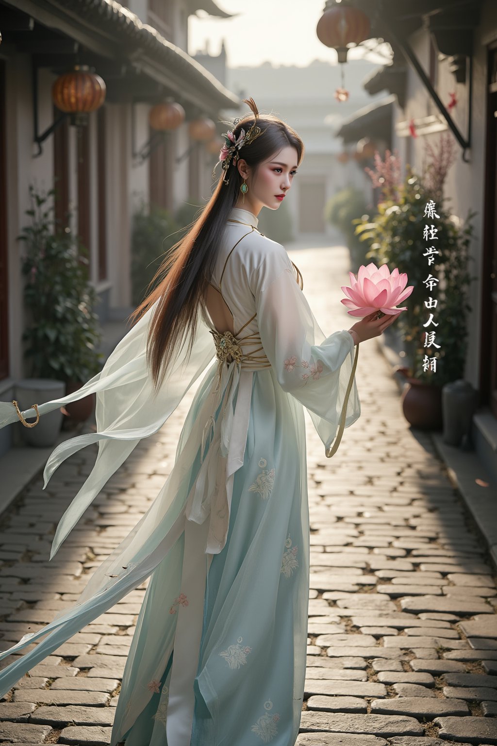 A school girl,solo ,XxiaoxunerX,Hanfu girl, lotus, Yunnan ancient town street