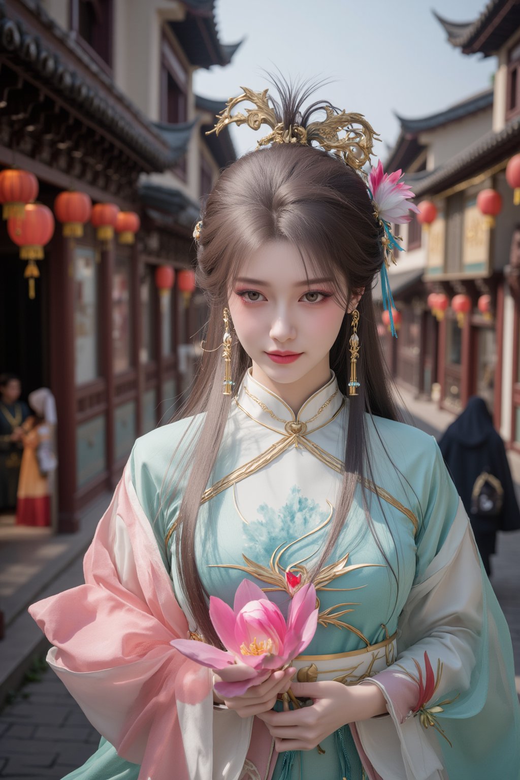 A school girl,solo ,XxiaoxunerX,Hanfu girl, lotus, Yunnan ancient town street