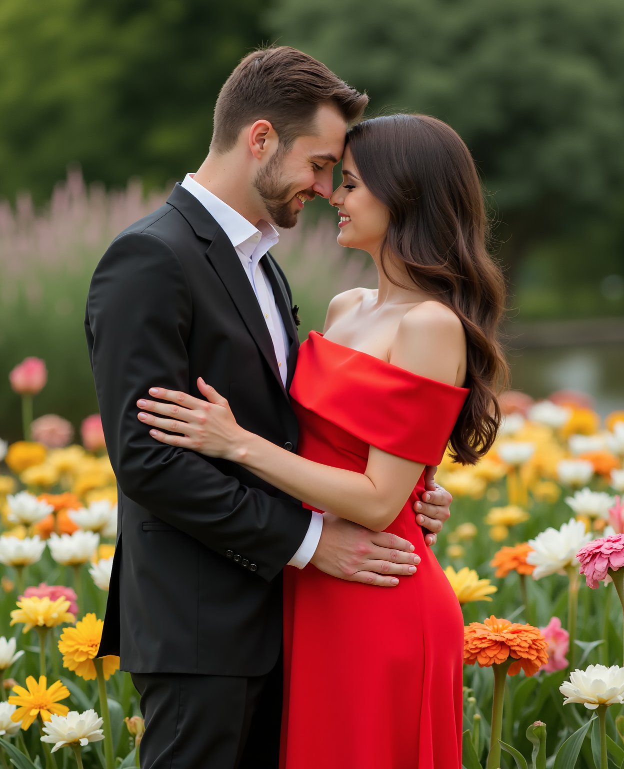 man and woman hugging, the woman has a red pencil drees and the man has elegant clothes in the background a garden full of yellow, white, orange, pink flowers