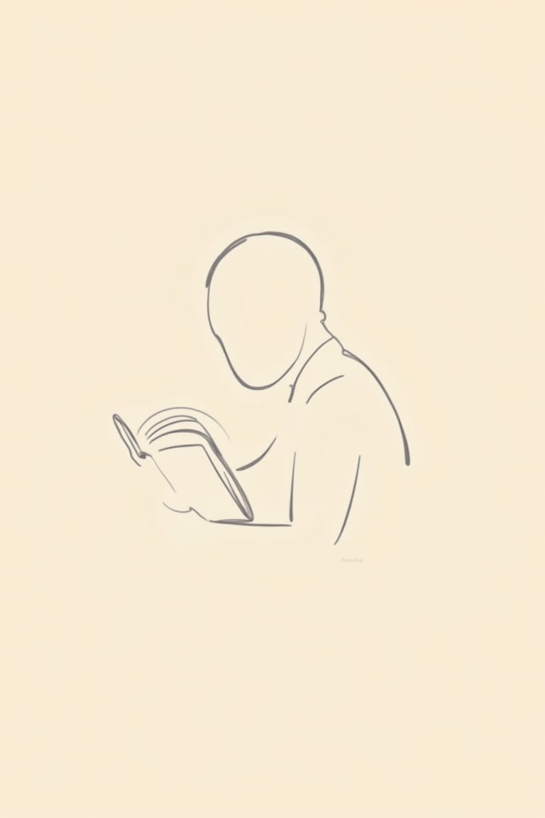 Portrait of a man reading a book: "In a minimalist style, a portrait of a man reading a book, reduced to simple, smooth shapes and clean lines. The book is open with only a few lines suggesting pages, while the man's figure is drawn with minimal detail. The background is a soft, solid color, allowing the quiet focus on the man’s action and the serene simplicity of the scene."