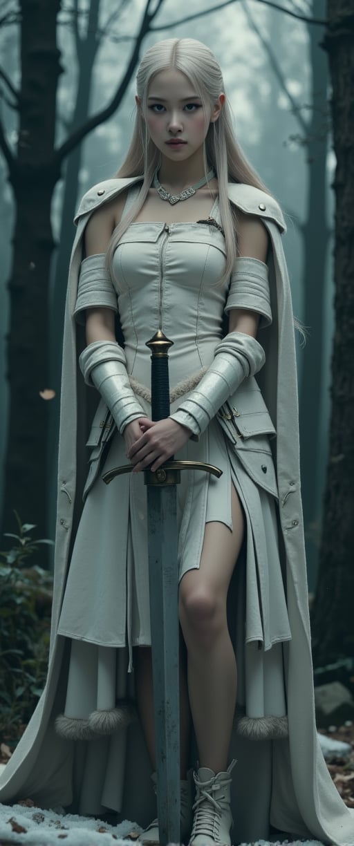 A Valkyrie dressed in proper white Norse armor and holding a sword, in a semi-realistic dark urban fantasy style for a cinematic poster and Midjourney cinematic style. The background is an dark and ancient misty Nordic forest. Chiaroscuro Lighting Style, Covered in shadows , partially covered in shadows.,ct-lelahh,ct-elftity,ct-muun,ct-arix,ct-leetity,ct-hyuntity,ct-prettienime,ct-vituajis,ct-smeraldity,ct-rosity