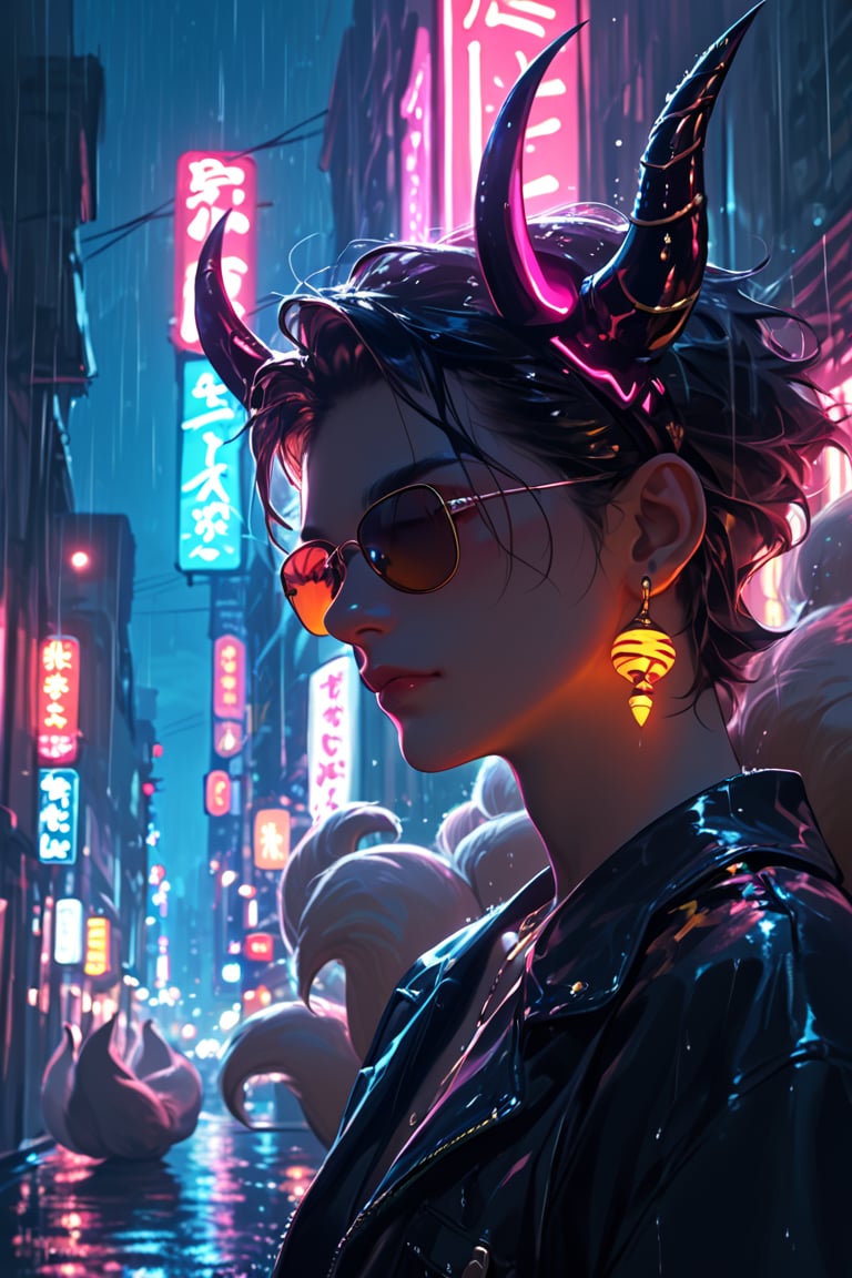 score_9, score_8_up, score_7_up, solo, YaeMikoFox,  animal, animal focus, earrings, jewelry, headgear, horns, sunglasses, pince-nez, multiple tails, cityscape, night, rain, neon lights  