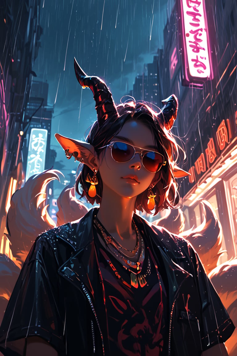 score_9, score_8_up, score_7_up, solo, YaeMikoFox,  animal, animal focus, earrings, jewelry, headgear, horns, sunglasses, pince-nez, multiple tails, cityscape, night, rain, neon lights  