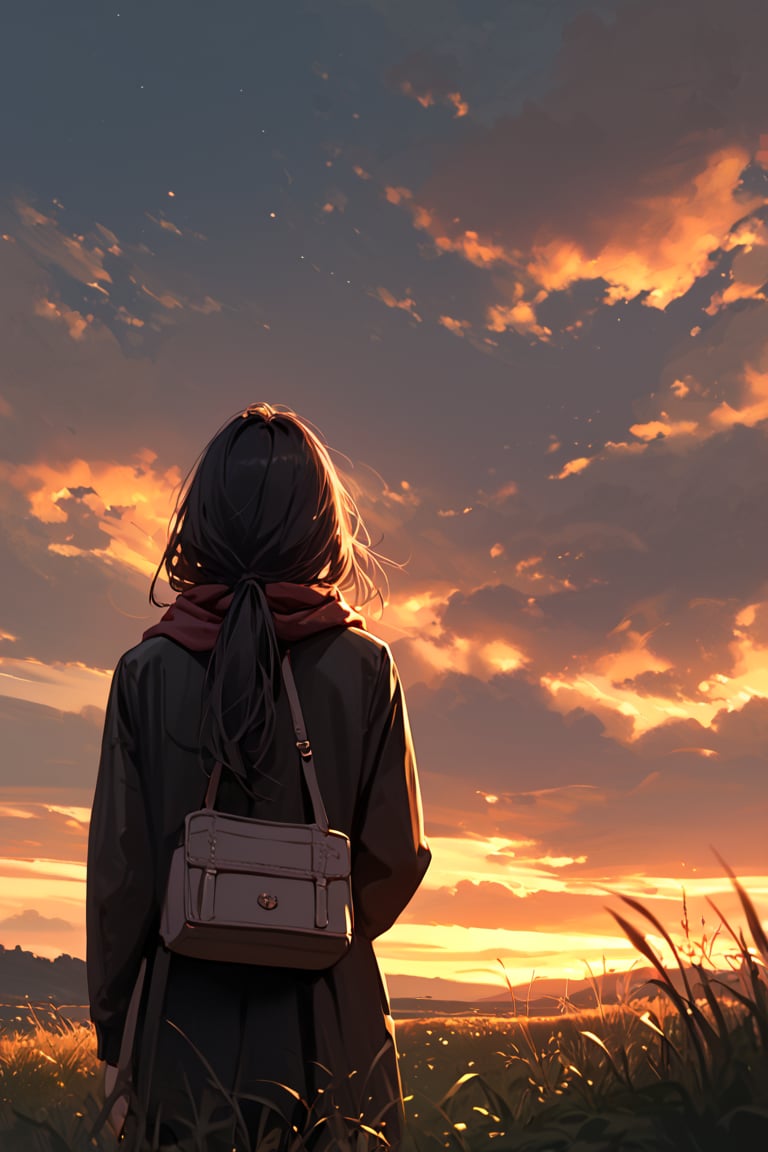 score_9,score_8_up,score_7_up,1girl, solo, sky, cloud, outdoors, scenery, black hair, grass, from behind, long hair, standing, cloudy sky, dark, hood, sunset, bag, jacket, night, scarf, long sleeves, facing away