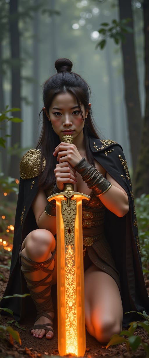 A fierce sexy  japanese female warrior crouched low, gripping a long, ornate sword with both hands, illuminated by a fiery orange aura that highlights intricate golden designs on the blade and hilt; rugged expression, dark tousled hair flowing freely, clad in elaborate metallic armor with a dark cloak draping over his back; misty twilight forest background with dark looming trees, smoky ethereal air, glowing embers and sparks around; earthy browns, oranges, and golds dominate the scene, contrasting with cooler dark greens and grays of the forest, creating a mystical, intense atmosphere,jisosmile,ct-kbright,ct-arix,ct-savaga,ct-smeraldity,ct-rosity,ct-hyuntity,ct-prettienime