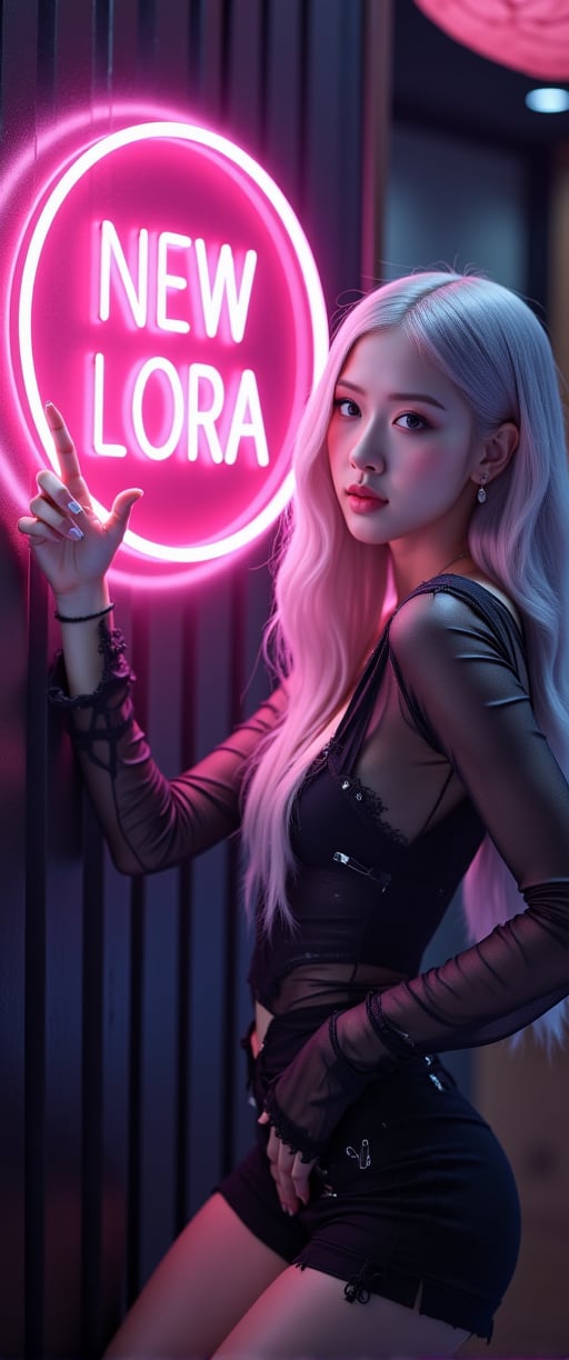 A very beautiful  blonde woman is pointing at the viewer , pointing at a large neon sign that says "New Lora Test". The background is dark gothic  with  dark tones in a Japanese style. Detailed texture, high quality, high resolution, high precision, realism, color correction, good lighting settings, harmonious composition, Behance work, watercolor, text, the text is "",ct-kjbp,ct-muun,ct-kbright,ct-lelahh,ct-arix,ct-savaga,ct-leetity,ct-rosity,ct-prettienime