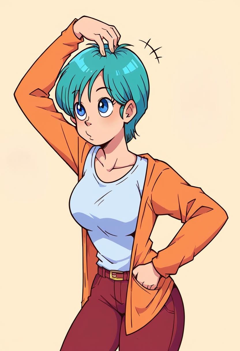 score_9,score_8_up, score_7_up, source_anime, rating_questionable, 1girl, solo, bulma, monk3y_p0se, scratching_head, <lora:Monkey_Pose_-_Pony_r1:1.0>