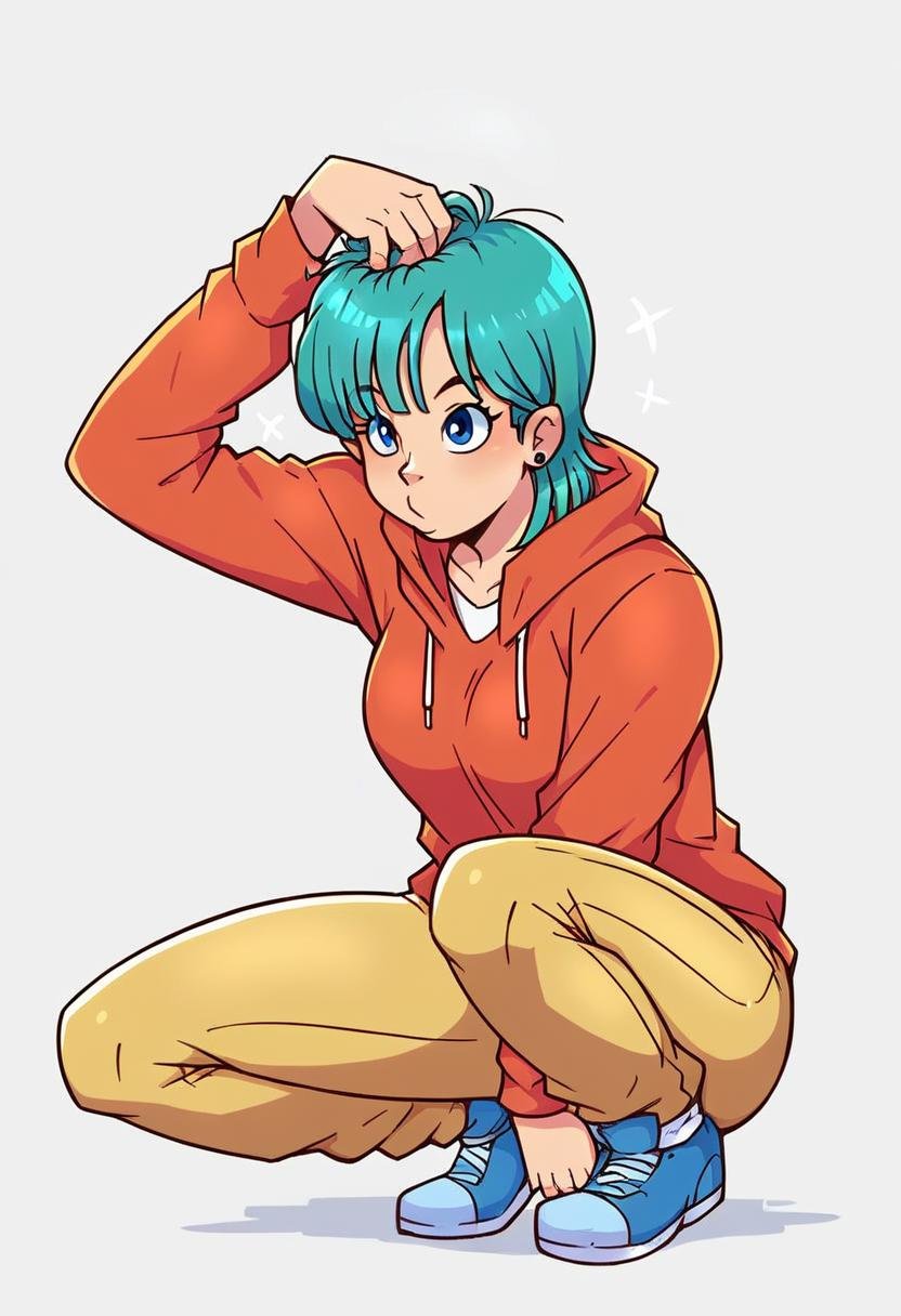 score_9,score_8_up, score_7_up, source_anime, rating_questionable, 1girl, solo, bulma, monk3y_p0se, scratching_head, squatting, <lora:Monkey_Pose_-_Pony_r1:1.0>