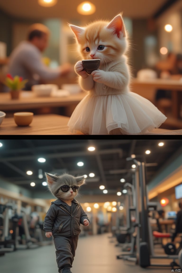 1. Little kitten wearing a dress in a cozy café, sipping coffee, warm lighting, close-up shot.
2. Small kitten wearing a sports coat, running on a treadmill in a gym, energetic lighting, mid-shot.