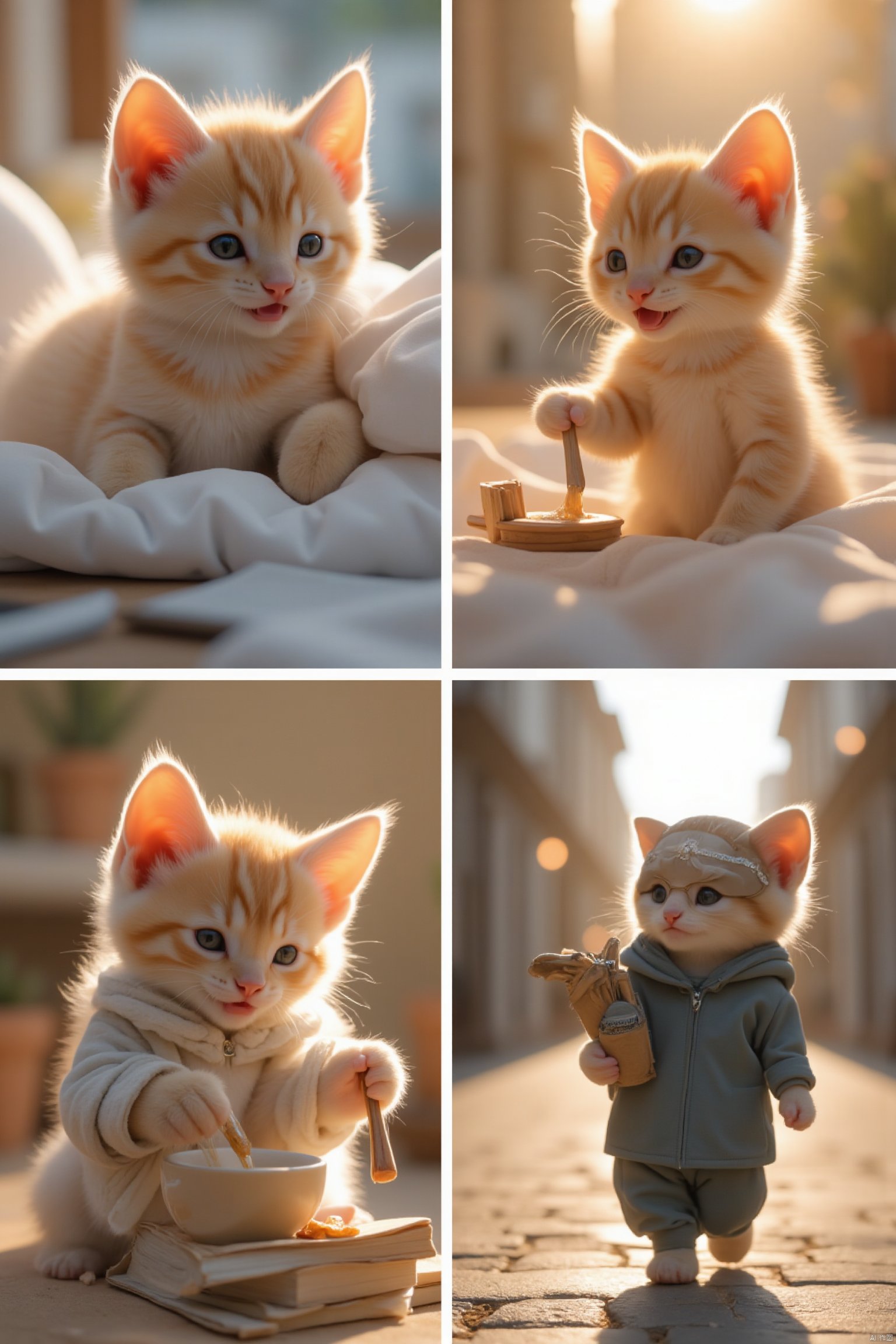 1. Small kitten waking up, stretching, morning light, close-up shot.
2. Small kitten brushing teeth and washing face, bathroom setting, soft lighting, mid-shot.
3. Small kitten drinking coffee, cozy kitchen, morning light, close-up shot.
4. Small kitten heading to the library, carrying a book, street scene, natural lighting, mid-shot.