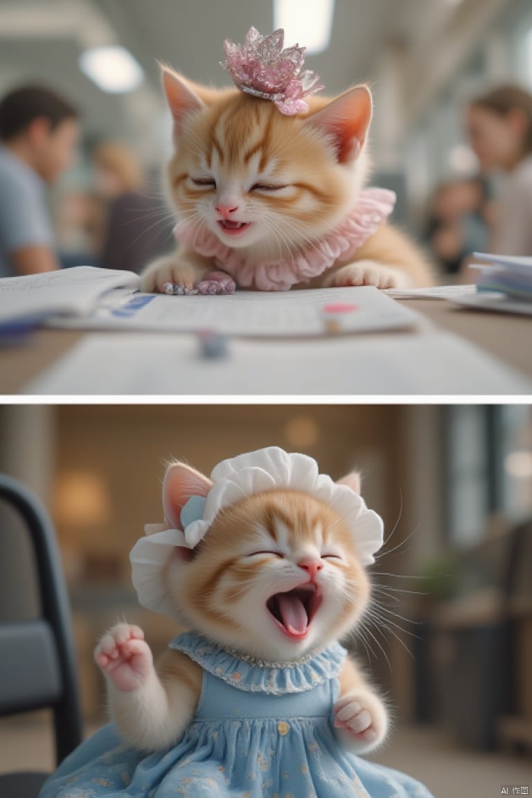 1. Little kitten wearing a lady dress in an office, working hard, close-up shot.
2. Little kitten lying on a chair, laughing with an open mouth and closed eyes, mid-shot.