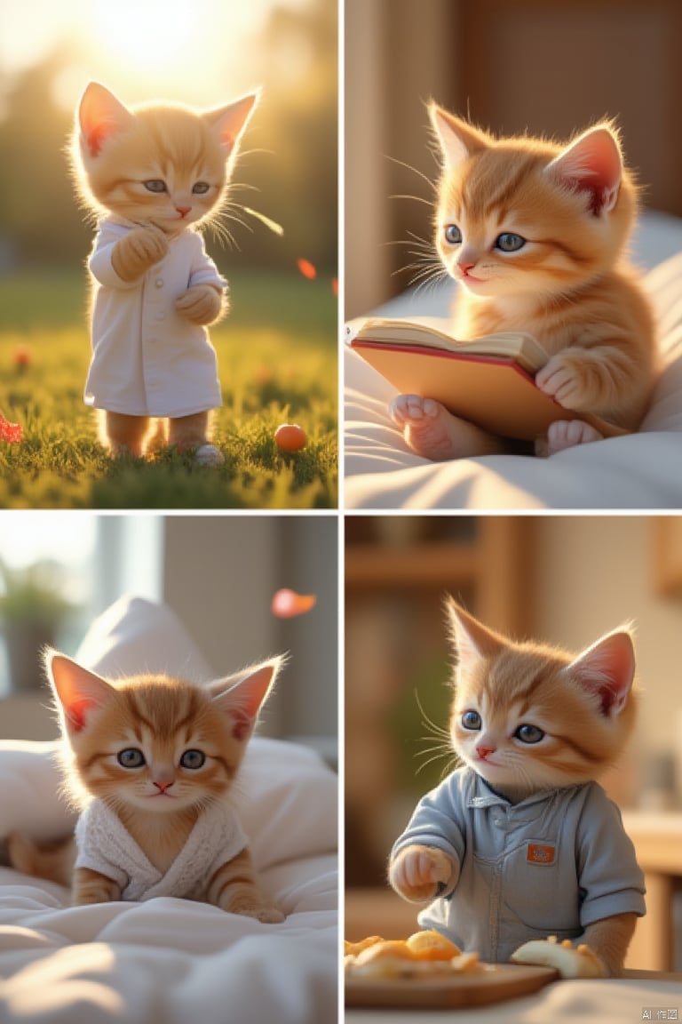 1. Small kitten in a garden, flying a kite, sunny day, mid-shot.
2. Small kitten in a hospital, greeting a patient, soft lighting, close-up shot.
3. Small kitten sitting on a bed, reading a book, cozy room, side view.
4. Small kitten in a kitchen, cooking, bright kitchen lighting, mid-shot.