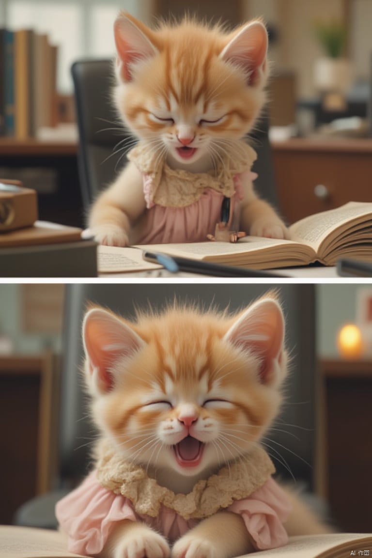 1. Little kitten wearing a lady dress in an office, working hard, close-up shot.
2. Little kitten lying on a chair, laughing with an open mouth and closed eyes, mid-shot.