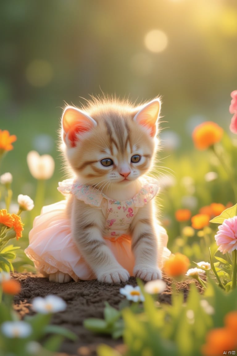 **Jiipinmaomi**, a small kitten wearing a cute dress, planting flowers in a vibrant garden, soft sunlight, close-up shot.