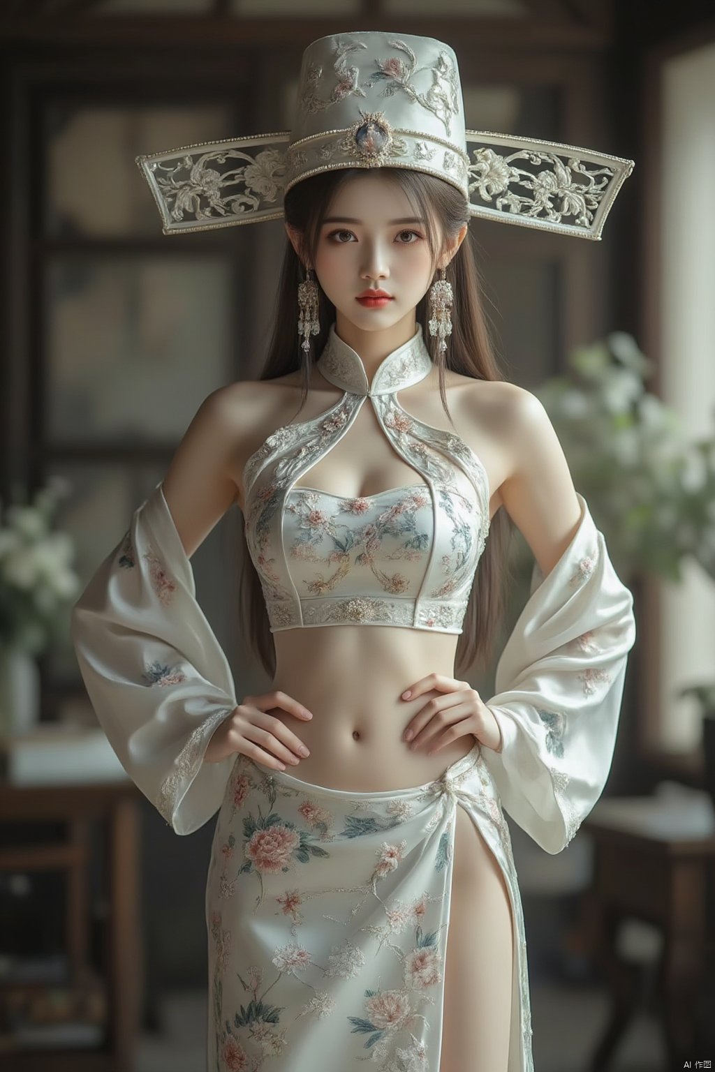 1girl,solo,long hair,breasts,looking at viewer,brown hair,hat,navel,cleavage,jewelry,medium breasts,standing,cowboy shot,earrings,detached sleeves,midriff,indoors,blurry,lips,blurry background,floral print,hands on hips,realistic,zhuangyuan hat_(hat),

