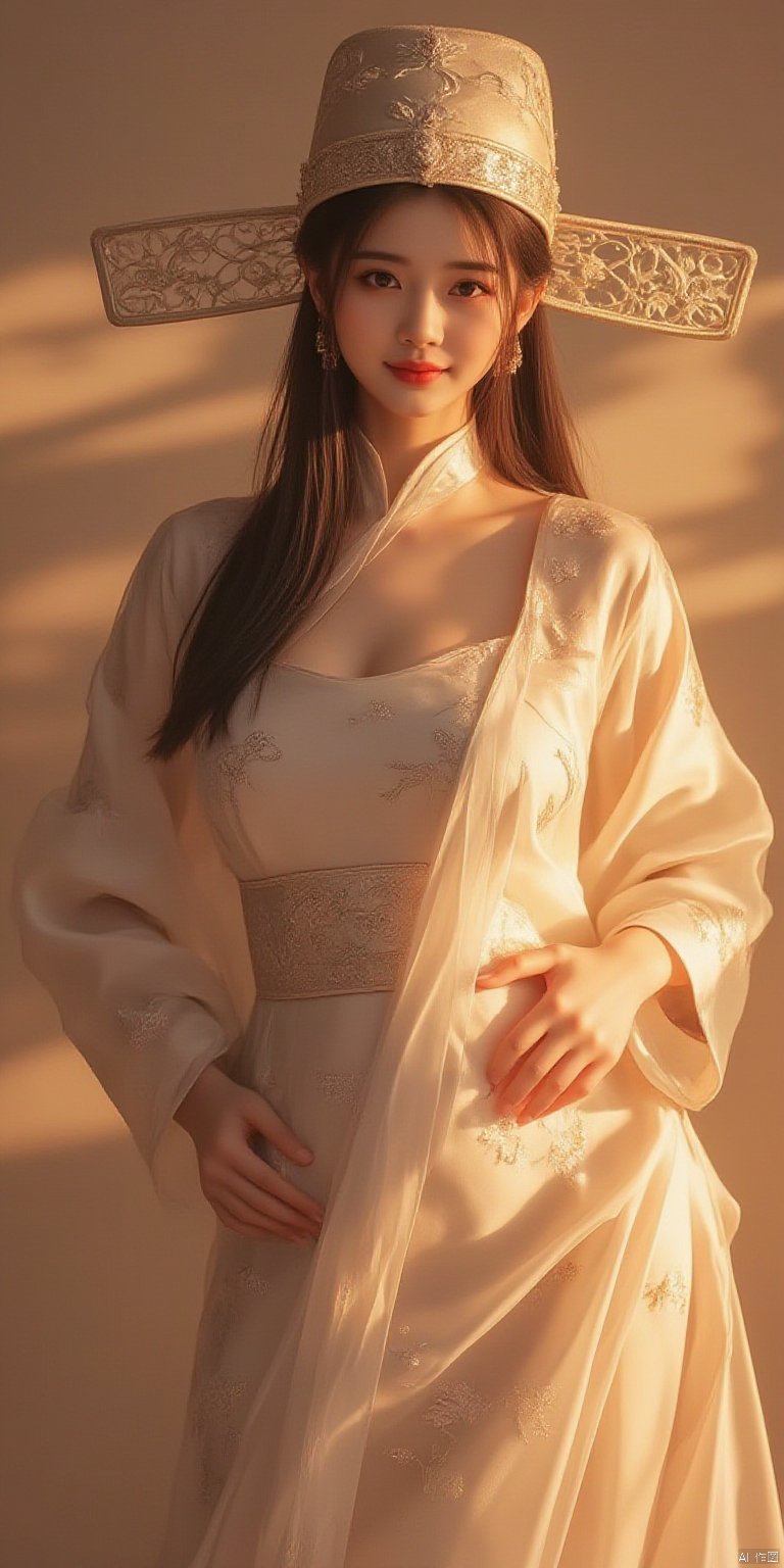 A radiant Asian woman, hat,visibly pregnant, stands tall with a warm, inviting smile. Soft, gradient lighting envelops her, casting a golden glow on her features. Her full figure exudes joy and vitality as she confidently poses against a subtle background. Gentle contour lights dance across her skin, infusing her with an otherworldly softness. The artful composition captures the essence of motherhood, distilling its beauty into a single, award-winning frame.Chinese clothes