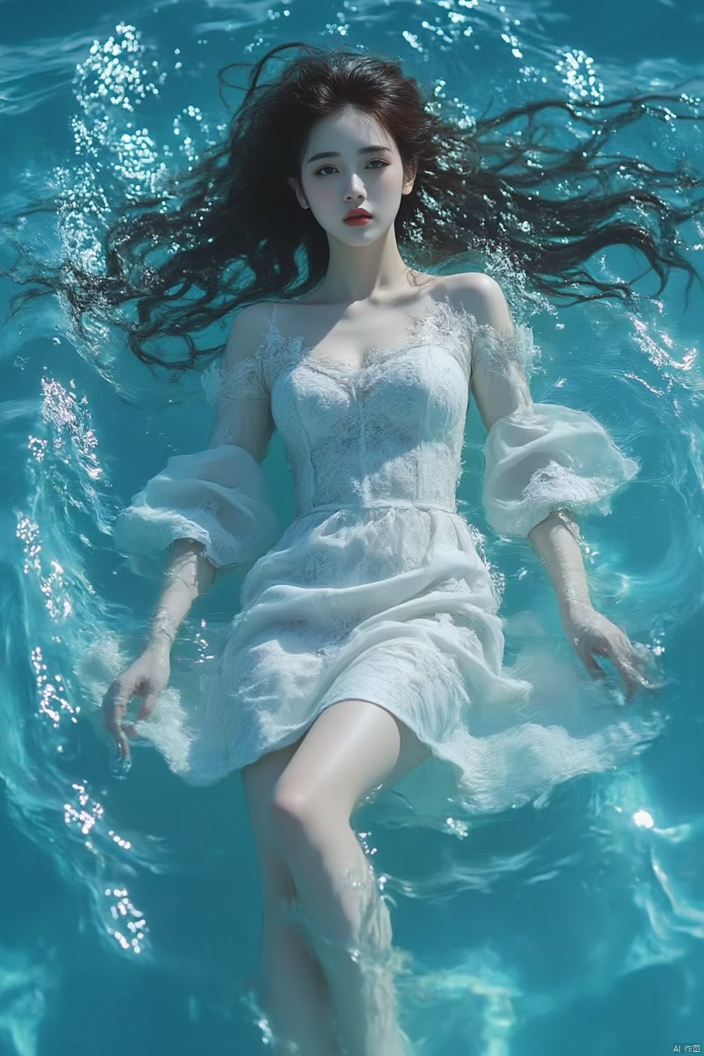 1women,water,partially submerged,lying,dress