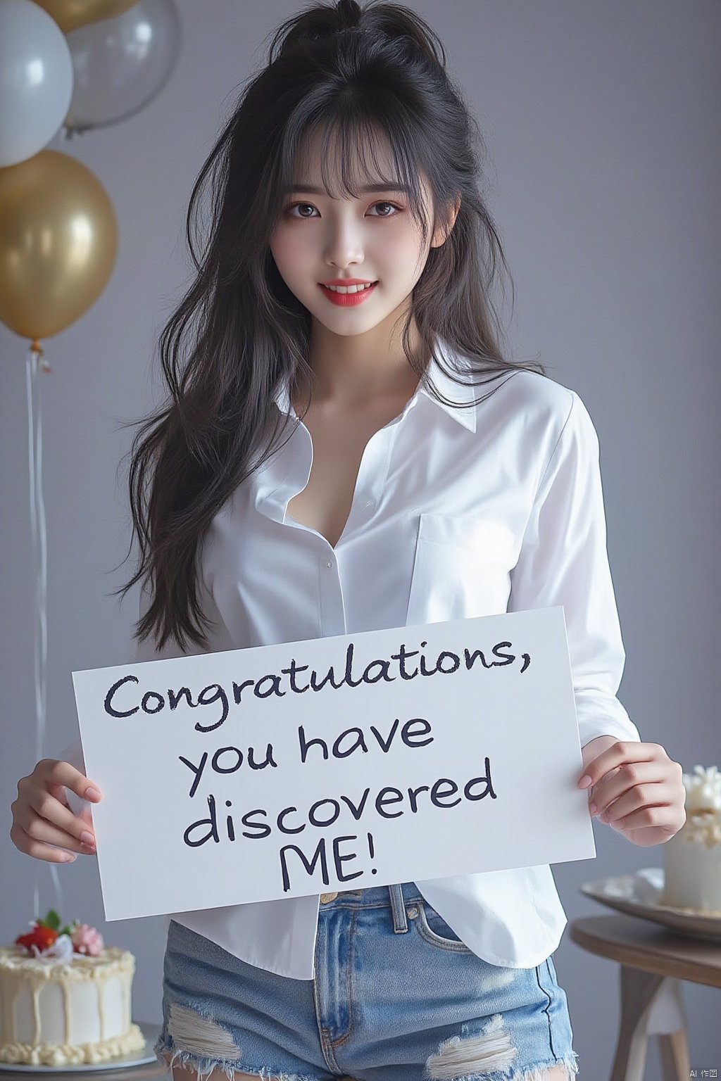 1girl, solo, young girl, happy expression, looking at viewer, upper body, (long hair, black hair, bangs, brown eyes:1.3), big breasts, cleavage, white shirt, short jeans, holding a sign that says "Congratulations, you have discovered me!", balloons, cake, party,