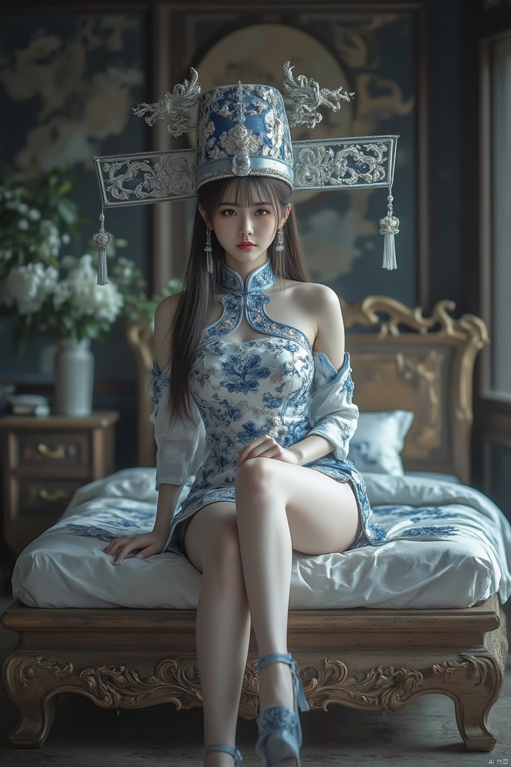 1girl,lying,cheongsam,hat,A bed carved with dragons,thighs