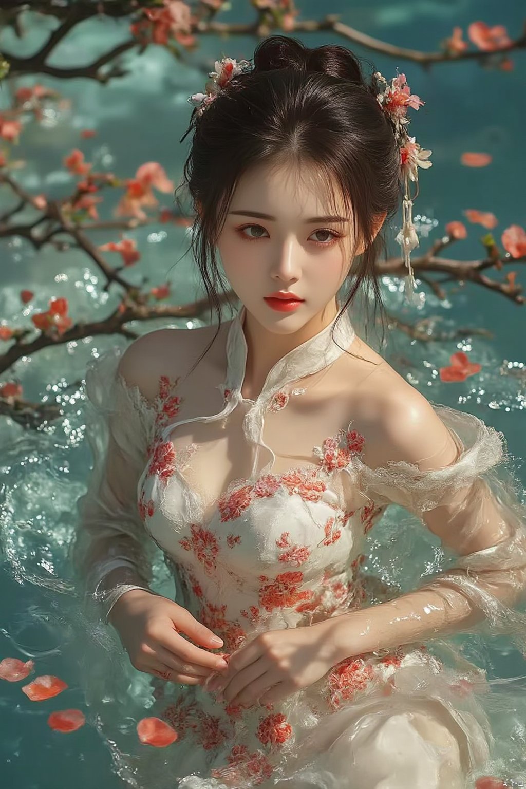 1women,water,partially submerged,Chinese dress,There are many red petals,In front of her is a flower branch, with a blurry