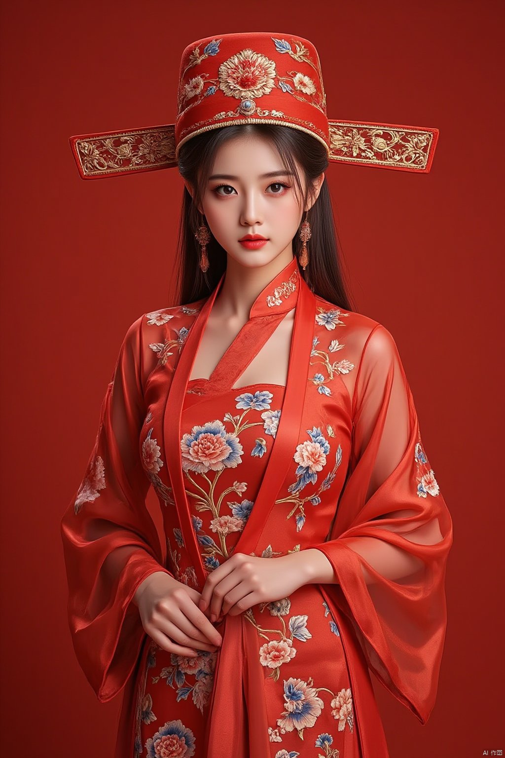 1women,hat,wthite Chinese clothes,portrait,Red background