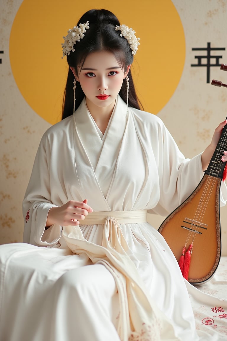  (A youthful & gorgeous woman in a traditional Chinese dress, a beautiful white Hanfu. She sits on a soft, patterned fabric. Beautiful detailed face. Beautiful detailed eyes & facial features. Delicate floral hair ornaments. Red tassel hangs on her waist. Serene and elegant expression. Looking at the viewer. A Erhu musical instrument is beside her, adding a touch of innocence, charm & serenity to the scene. The background features a large yellow circle and traditional Chinese characters, '大漢'. A sense of cultural richness & heritage. [Photorealistic portrait, inspired by the works of Annie Leibovitz and Steve McCurry], [Soft, natural light, focus on the woman's face & her elegant pose, blurred background, bokeh, field of depth, textured surfaces, a sense of cultural heritage & natural beauty], Hanfu, KOLNB, Ahri, SFW, SAFE FOR WORK,),PTAIhanfu