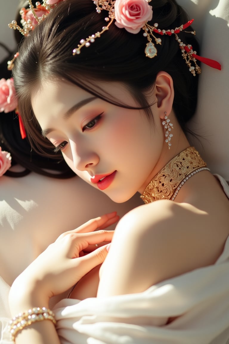 Photorealistic, cinematic, (side light:1.3), close up portrait, a woman, lie, (hand on chest:1.2), petals, rose decoration, whitw ren dress, veil, hair ornament, intricate carving jewelry, choker, ribbons, necklace, bracelet, jewelry headband, soft shadow,PTAIHanfu