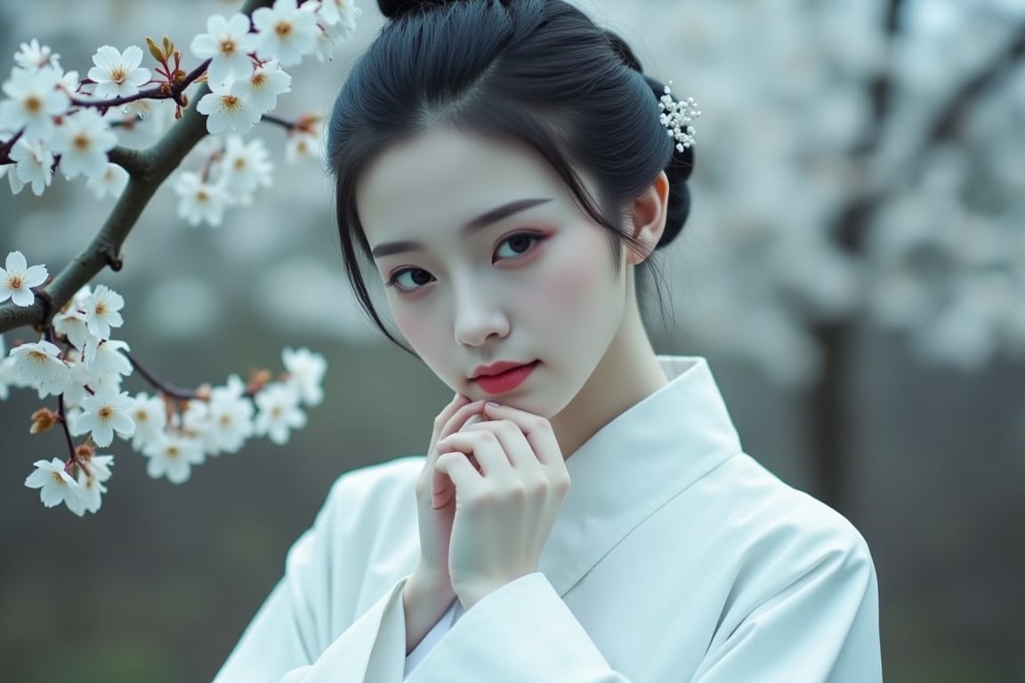 A woman in white hanfu dress, hands on chin, dreamy face, photography, cold color tone, background is gloomy blossom forest, eeri atmosphere,PTAIHanfu