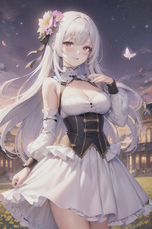 masterpiece, best quality, 1girl, (colorful),(finely detailed beautiful eyes and detailed face),cinematic lighting,bust shot,extremely detailed CG unity 8k wallpaper,white hair,solo,smile,intricate skirt,((flying petal)),(Flowery meadow) sky, cloudy_sky, building, moonlight, moon, night, (dark theme:1.3), light, fantasy,