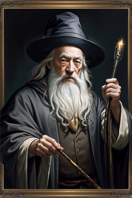 masterpiece, (Albus Dumbledore), grey hair, old man with grey beard, grey wizard hat, best quality, oil painting style, golden frame