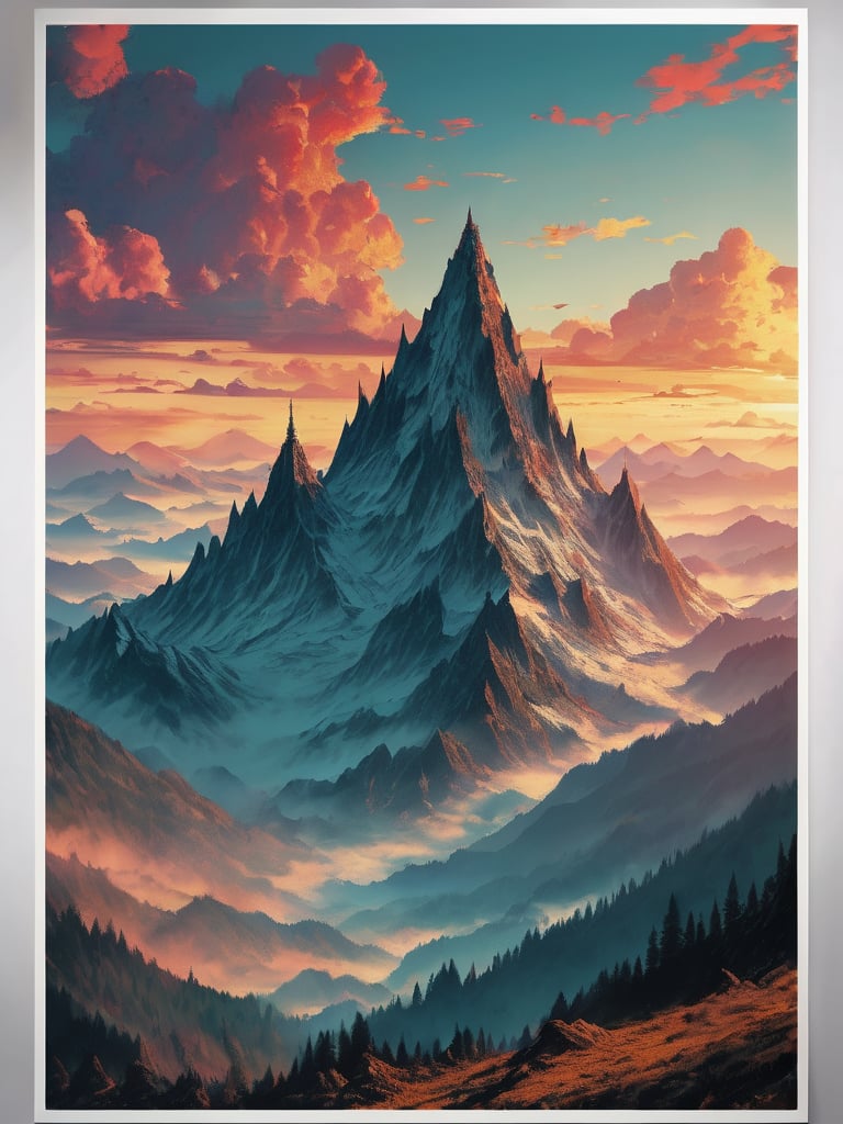 Epic scene, irregular mountain range, 80s poster, Vintage poster, clouds, (dawn), (huge army under the mountain), Lord of the Rings movie, ultra-high definition, cinematic quality, masterpiece, high_res, extremely detailed, (bright)