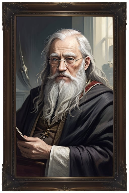 masterpiece, (Albus Dumbledore), grey hair, old man with grey beard, glasses, best quality, oil painting style, frame