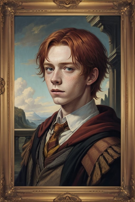 masterpiece, (Ronald Weasley), red hair, freckles, young man, best quality, oil painting style, golden frame