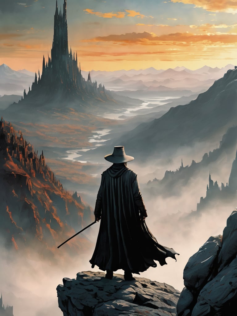 (Gandalf grey robe stands on the edge of a cliff in the foreground, with a wide wizard hat), epic scene, irregular mountain range, (80s poster, Vintage poster), clouds, (dawn), ((huge army under the mountain)), ((Lord of the Rings)) movie, ultra-high definition, cinematic quality, masterpiece, high_res, extremely detailed, (bright), (((behind the mountain the sky is gloomy where is Dark Tower of Sauron)))