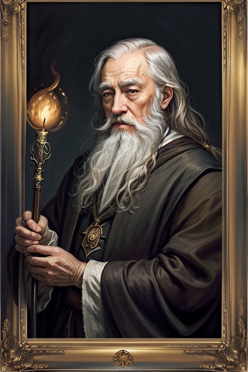 masterpiece, (Albus Dumbledore), grey hair, old man with grey beard, best quality, oil painting style, golden frame