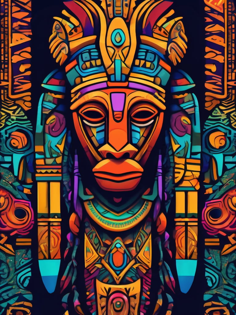 A symble of African totem, wierd anmial, magical creature, ((tribal art)), ((folklore)), vibrant colour, intricately detailed, the design incorporates geometric patterns and (bold linework) to create a striking and powerful composition, dark background, 8k,screen photo of iphone, (no central symmetry), high_res, masterpiece