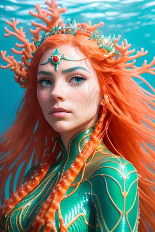 1girl,  (elegant, beautiful face, extremely detailed face, extremely detailed eyes, beautiful eyes), (detailed finger), ((detailed skin, skin texture)), (fantasy:1.3), magical atmosphere, (intricately detailed, fine details, hyper detailed, ultra detailed), by (Oliver Wetter), (realistic photo quality:1.4), raytracing, subsurface scattering, (cinematic light:1.5),
(green reflective tight fish scale dress), (Mera in Aquaman), (long red hair), (hair floating in water), (underwater), (amazing scenery under tropical ocean in background, colorful ocean Creatures and coral reefs:1.5), clear blue water in places like Maldives or Guam, depicted in bright vivid blue shades, (with lots of air bubbles and fish), should also show dim light penetrating the water, (coral crown)