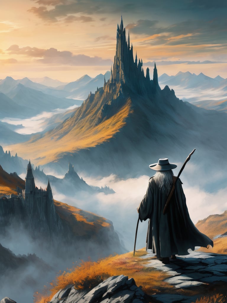 (Gandalf grey robe stands on the edge of a cliff in the foreground, with a wide wizard hat, Bilbo Baggins stands next to him), epic scene, irregular mountain range, 80s poster, Vintage poster, clouds, (dawn), (huge army under the mountain), ((Lord of the Rings)) movie, ultra-high definition, cinematic quality, masterpiece, high_res, extremely detailed, (bright), (behind the mountain the sky is gloomy where is Dark Tower of Sauron)