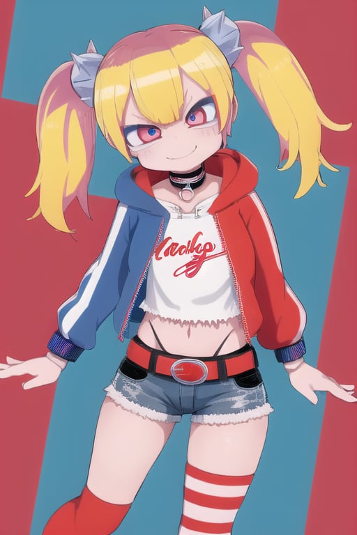 (1girl), blonde hair, blue and red colored twin tails, shorts, baseball jersey, hoody, torn clothes, gloves, jewelry, shorts, bracelets, fishnets, spikes, colorful clothes, belts, (Harley Quinn), skinny, smiling angry