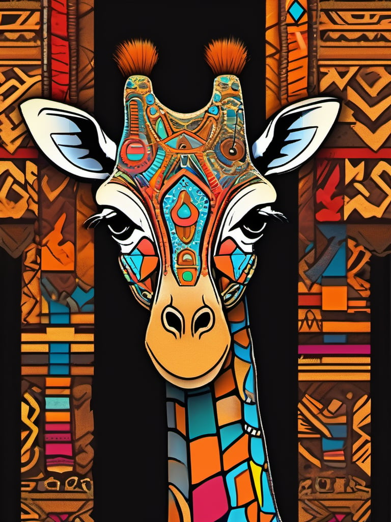 A symble of African totem, (giraffe), head, magical creature, ((tribal art)), ((folklore)), vibrant colour, intricately detailed, the design incorporates geometric patterns and (bold linework) to create a striking and powerful composition, dark background, 8k,screen photo of iphone, (no central symmetry), high_res, masterpiece