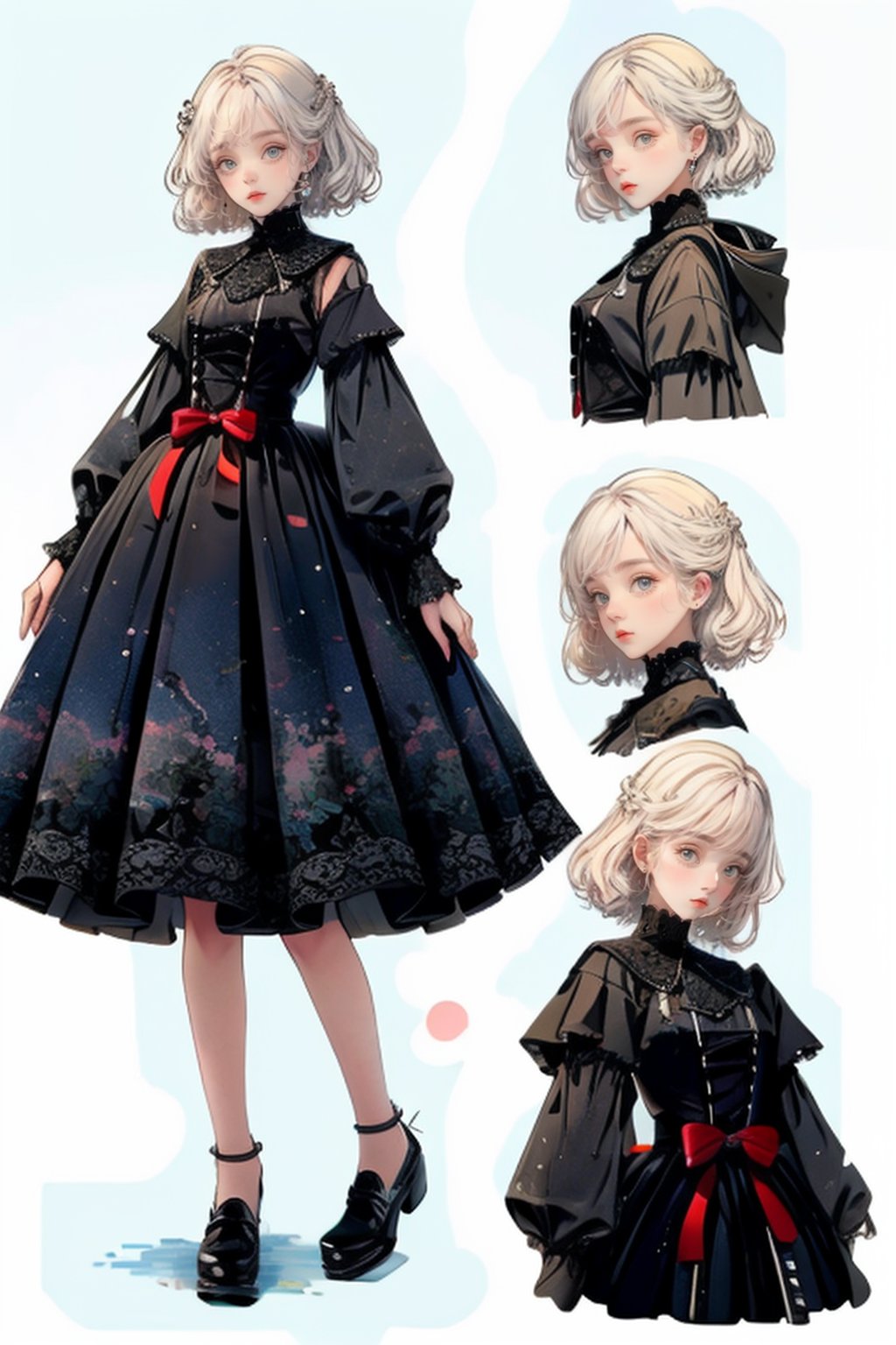 (clothing design sketch for a Lolita-style dress), 1girl in the middle, (CharacterSheet), ((multiple views)), (full body, pure white background, simple background:1.2), (((markdown, handwriting information on the side))), (dynamic_pose:1.2),(masterpiece:1.2), (best quality, highest quality), (ultra detailed), (8k, 4k, intricate), (50mm), (highly detailed:1.2),(detailed face:1.2), detailed_eyes,(gradients), (ambient light:1.3), (cinematic composition:1.3), (HDR:1), watercolor