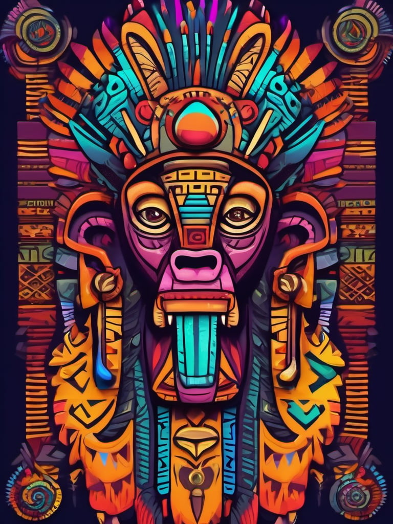 A symble of African totem, wierd (anmial), magical creature, ((tribal art)), ((folklore)), vibrant colour, intricately detailed, the design incorporates geometric patterns and (bold linework) to create a striking and powerful composition, dark background, 8k,screen photo of iphone, (no central symmetry), high_res, masterpiece
